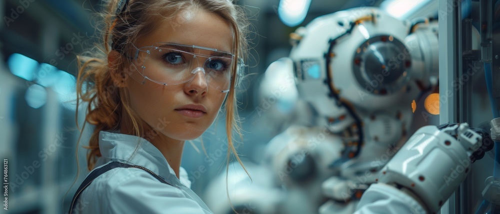 Aufkleber the female industrial engineer works with a robot arm machine in an intelligent factory industrial o
