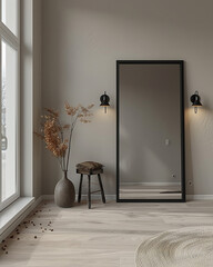 A large black mirror with a thin frame stands on the wall