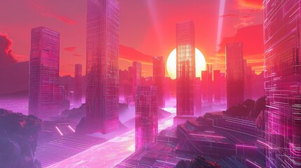 Abstract depiction of a utopian city of the future featuring towering structures and futuristic architecture set against a vibrant technologically advanced backdrop. - obrazy, fototapety, plakaty