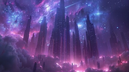 Abstract futuristic cityscape with sleek skyscrapers reaching towards the sky illuminated by neon lights against a starry backdrop.