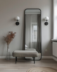 A large black mirror with a thin frame stands on the wall