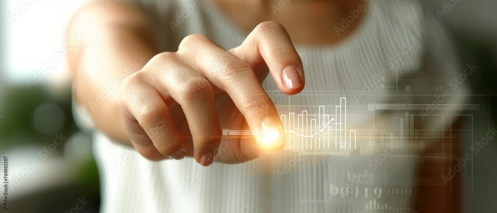 Aufkleber a businessman touches an icon illustrating a customer network and a growth graph showing progress of