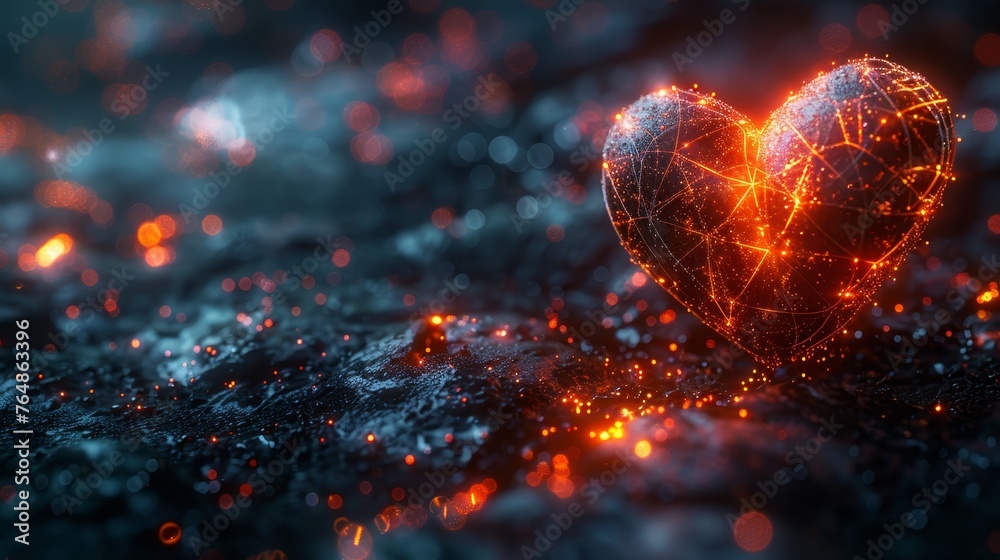 Leinwandbilder this digital heart glows in a futuristic style. it is a 3d model with a board texture that represent