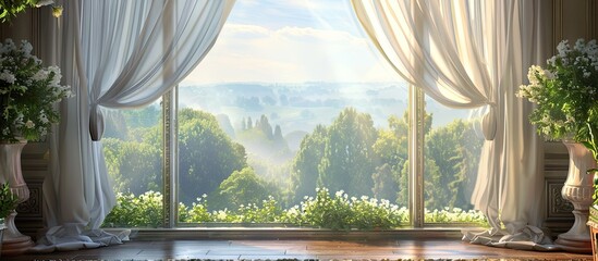 View of a window adorned with elegant curtains designed with colorful flowers, adding a touch of nature indoors - obrazy, fototapety, plakaty