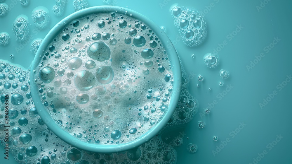 Poster An illustration of soapy water with a soap foam bubble in a circle top view. A podium for detergent and the texture of soapy water. A bubble shield for protection.
