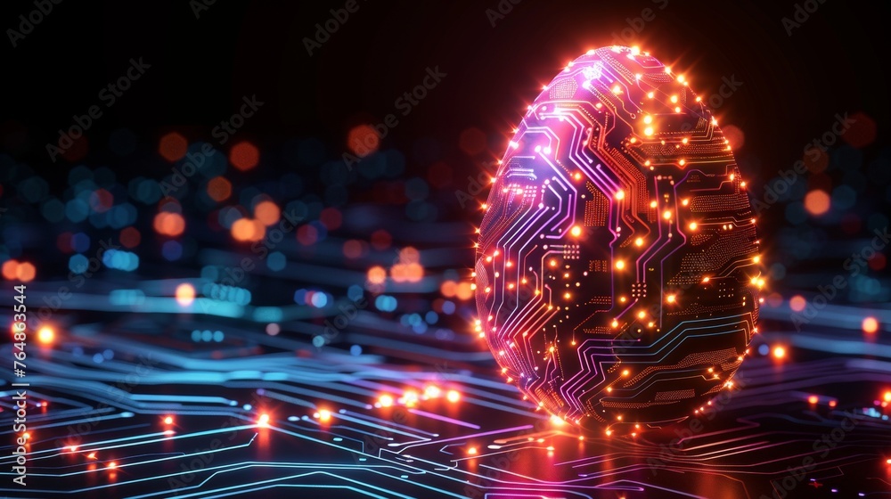 Fototapete An Easter egg illustration with a futuristic technology theme. An abstract 3D egg texture with a circuit board pattern. Glowing digital modern illustration.