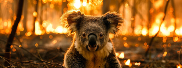 A koala in a forest fire setting, depicting wildlife's vulnerability in natural disasters. - obrazy, fototapety, plakaty