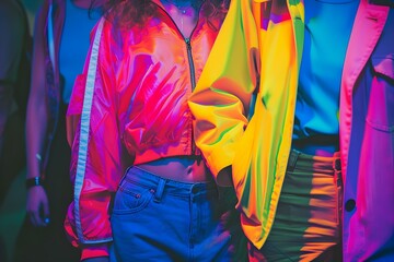 A vibrant 1980s street fashion scene with colorful clothes and neon colors capturing the eras disco music influence. Concept 1980s Fashion, Street Style, Neon Colors, Disco Music, Vibrant Scene