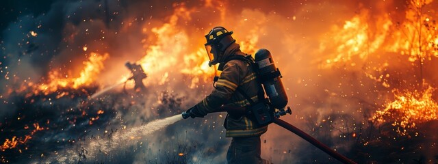 Firefighters battling a raging wildfire, showcasing bravery and determination. - obrazy, fototapety, plakaty