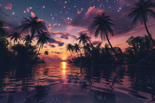 Twilight Mirage, Palm Reflections on Water as Day Fades to a Star-Filled Night