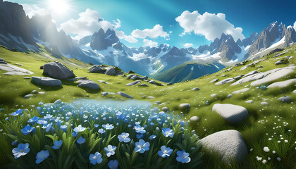 Panorama Berg Gebirge Landschaft Alpen Rocky Mountains im Sommer mit blauem Himmel weißen Wolken grünem Gras, Schönheit Erholung Urlaub wandern genießen und entdecken Täler Österreich Schweiz Gipfel - obrazy, fototapety, plakaty