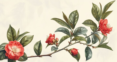 Elegant vintage botanical illustration of red camellia flowers on a cream background.