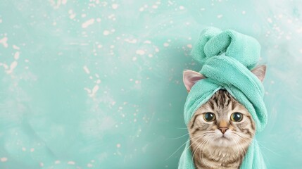 A tabby cat with striking eyes wrapped in a green towel with turban set against a teal background with snow effect - obrazy, fototapety, plakaty