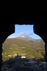 Hervas Caceres Extremadura view of the mountain from the window inside the castle vertically