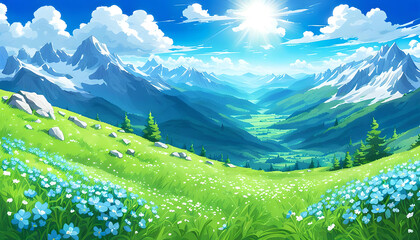 Panorama Berg Gebirge Landschaft Alpen Rocky Mountains im Sommer mit blauem Himmel weißen Wolken grünem Gras, Schönheit Erholung Urlaub wandern genießen und entdecken Täler Österreich Schweiz Gipfel - obrazy, fototapety, plakaty