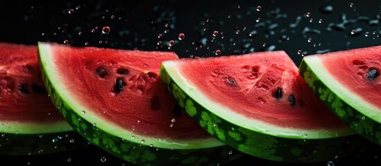 Slices of watermelon are being splashed with water on a dark background
