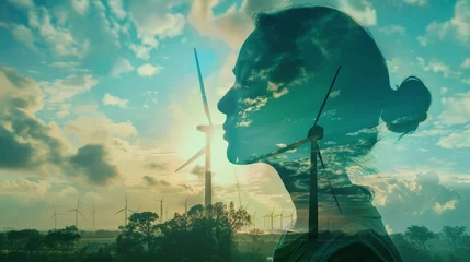 Fotobehang A double exposure graphic shows two business people at work on a wind turbine farm and a green renewable energy worker interface, representing the concept of sustainability development through the use © Zaleman