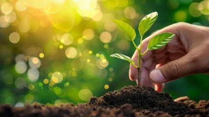 Tree growing on fertile soil with farmers' hands growing and nurturing it / baby plant being nurtured / earth day concept / green and yellow bokeh background
