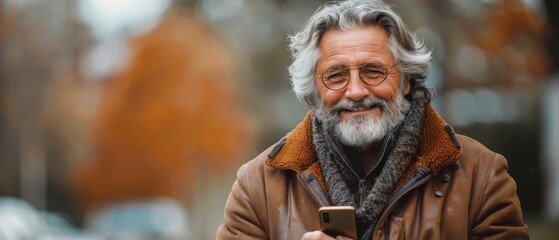 The picture shows a smiling gray-haired older middle-aged bearded man holding a mobile phone while texting on a smartphone as he stands in front of a camera. - obrazy, fototapety, plakaty