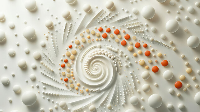 A detailed spiral arrangement of white and orange pills on a white background.