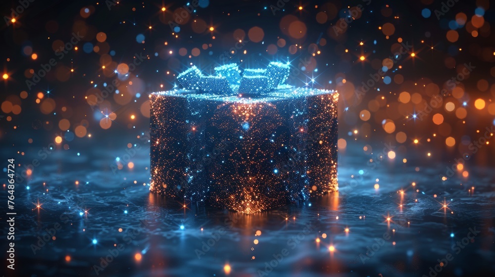 Poster Open abstract gift box with stars and flying numbers 2022. Geometric background. Wireframe connection structure for light. 3D graphic concept. Isolated modern illustration.