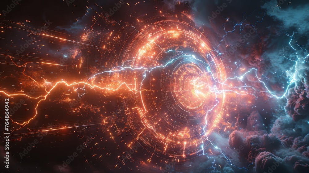 Poster future shield with lightning on a dark background with a glowing effect. sparks strike the dome like