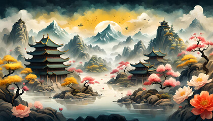 alte chinesische Kalligraphie und Zeichnung von Bergen Gebirge in schwarz rot mit Bäumen und traditionellen Gebäuden Tempeln Morgenstimmung Wasserfälle Flüsse auf altem Pergament Papier Natur Asien