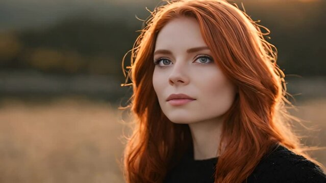 Red haired woman at sunset 