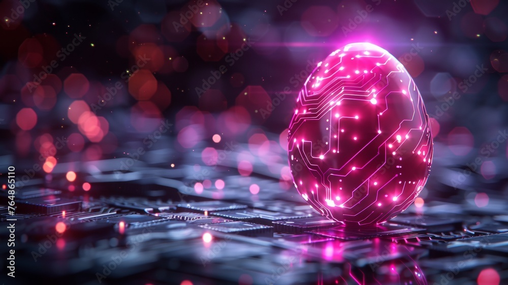 Poster This Easter egg presents an abstract 3D egg with circuit board texture. It is a digital modern illustration created in a futuristic style.