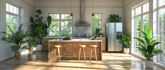 This 3D illustration shows a large kitchen with a large island and bar stools as well as a wine cabinet and refrigerator.