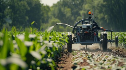 Robot herbicide sprayer working in agricultural field - obrazy, fototapety, plakaty