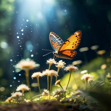 Fototapeta butterfly on dandelion flower in the garden with sunlight