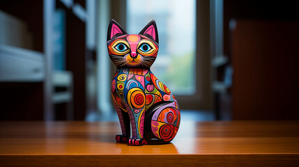 wooden cat painting art in a folk art style. - Powered by Adobe