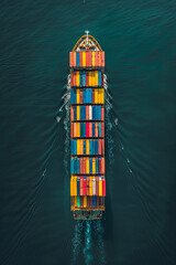 Container ship involved in export and import business and logistics, shipping cargo to a harbor by crane, concept of international water transport, aerial view