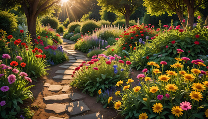 Nahaufnahme eines schönen Gartens voller bunter Blumen und Blüten mit geschwungenen Wegen an einem sonnigen Tag im Frühling oder Sommer mit strahlendem Sonnenschein, Gärtnern, Park, gestalten ländlich - obrazy, fototapety, plakaty