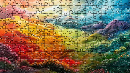 Jigsaw: A colorful jigsaw puzzle depicting a beautiful landscape