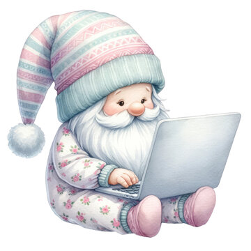 Watercolor Gnome Using Laptop in Pajama Outfit Clipart with Transparent Background