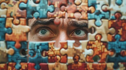 Problem: A person staring at a complex puzzle - obrazy, fototapety, plakaty