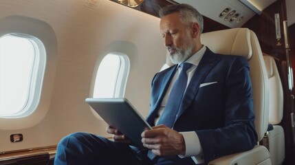 Senior businessman is using a tablet on the airplane