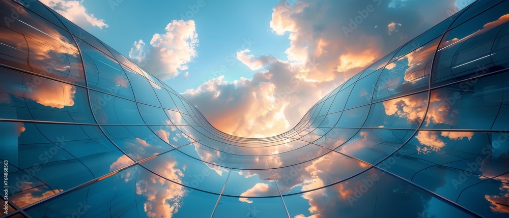 Leinwandbilder The clouds are reflected on the curve glass office building in this 3D rendering.