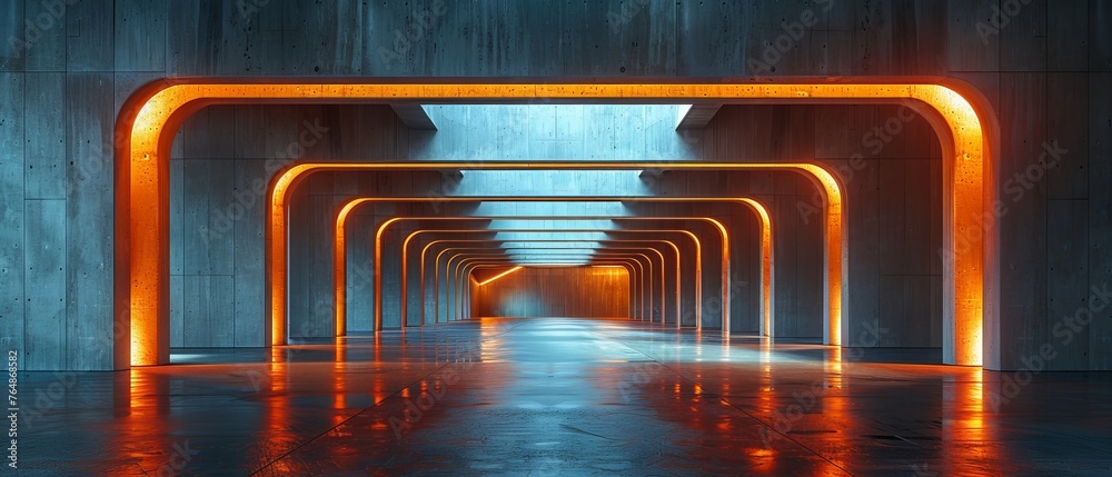 Leinwandbilder an empty cement floor is seen under a 3d render of futuristic concrete architecture with a car park.