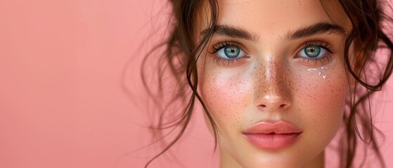 Under-eye anti-aging cream on a young beautiful model posing against a pink background.