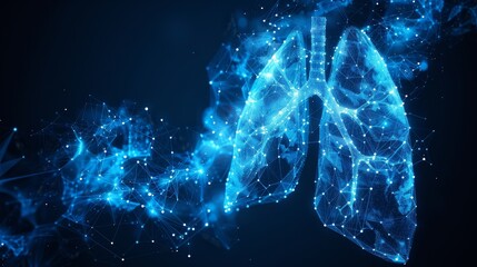 Isolated on blue background. Low poly wireframe illustration of lung illness. Concept of pulmonology and lung disease. Polygonal abstract creative illustration. Modern format. - obrazy, fototapety, plakaty