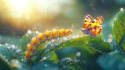 A digital illustration of a butterfly's evolution from caterpillar to butterfly. A concept for a successful business start-up or investment or business transformation.