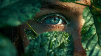 Environment concept - open-eyed human face with leaves covering the eyes - obrazy, fototapety, plakaty