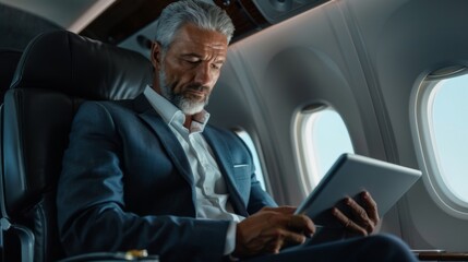 Senior businessman is using a tablet on the airplane