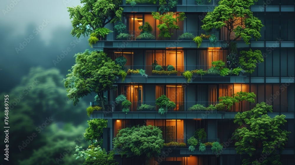 Poster a green and eco-friendly building with vertical garden in a modern city. a green tree forest on a su