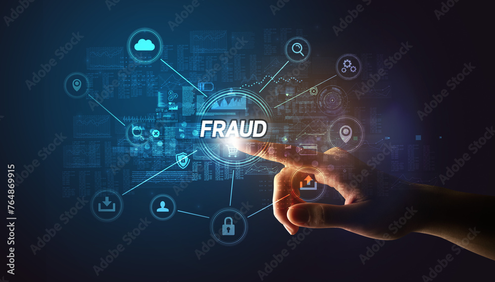 Poster hand touching cybersecurity button concept