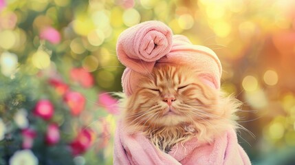 Relaxed ginger cat with eyes closed, enjoying a moment with a pink towel wrapped on its head against a warm light bokeh background