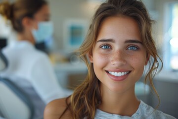 Attractive young woman with freckles and a bright smile looks directly at the camera in a friendly manner